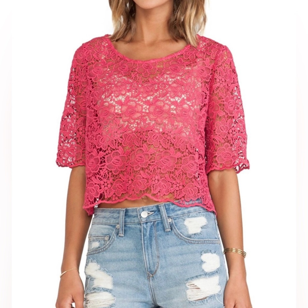 Revolve Lovers + Friends pink lace top size small floral lace